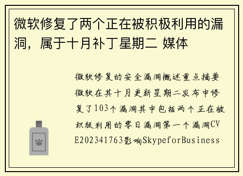微软修复了两个正在被积极利用的漏洞，属于十月补丁星期二 媒体